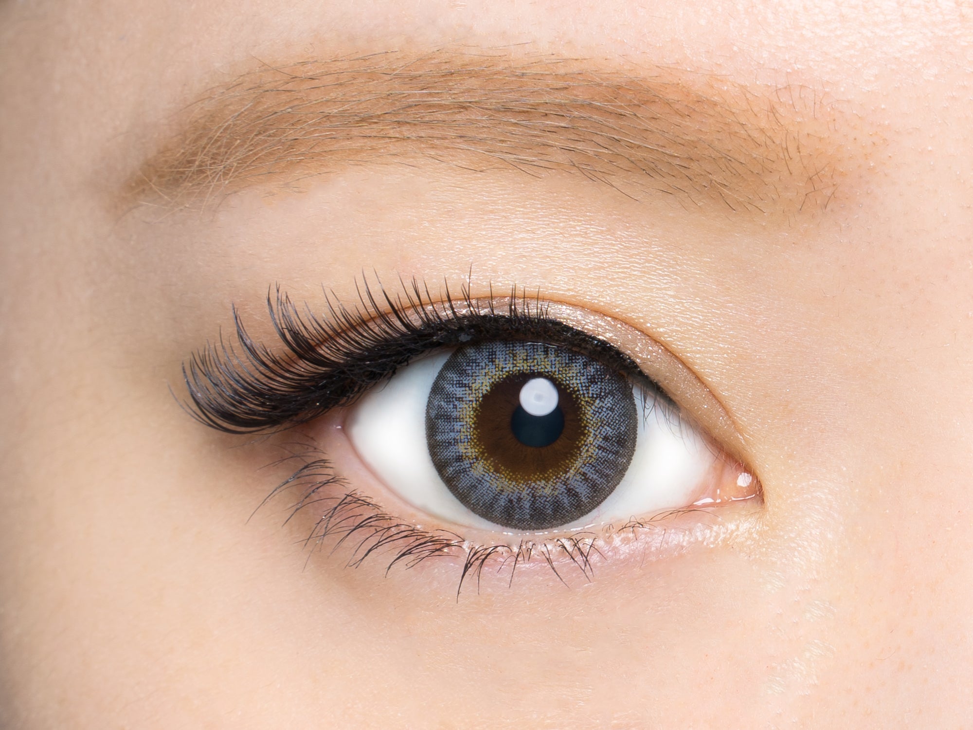 カラーコンタクトレンズ、CRUUM アッシュ | 1dayを装用した状態の目のアップ画像