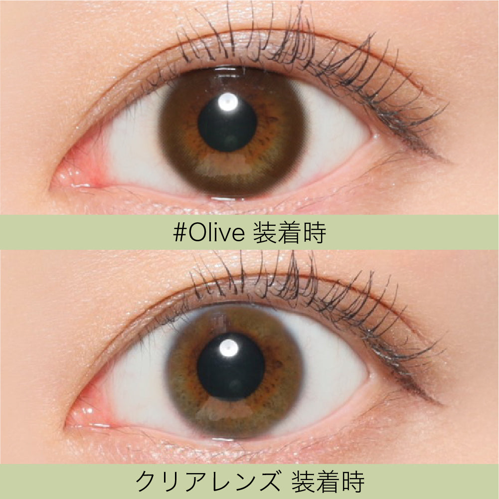 カラーコンタクトレンズ、#CHOUCHOU オリーブ | 1dayを装用した状態の目のアップ画像